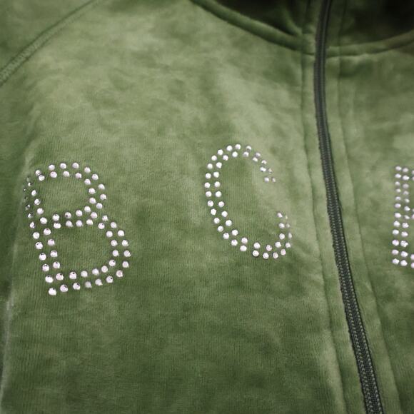 Vintage BCBG Rhinestone Spellout Green Velour Full Zip Hoodie Jacket S y2k - Picture 2 of 7